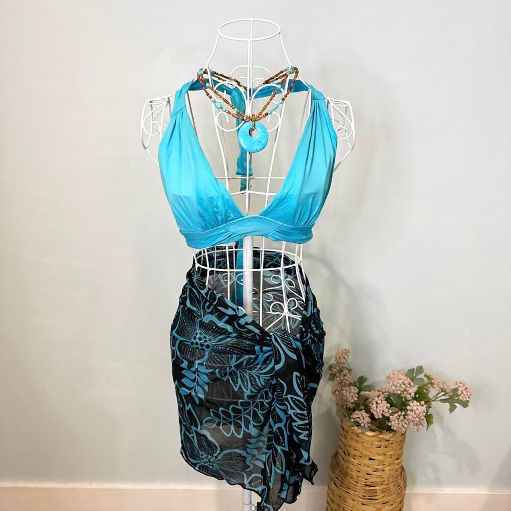 Vintage y2k blue hawaiian hibiscus mesh sarong coverup